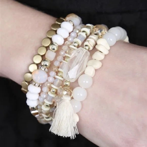 ONE Left! Beautiful Boho Style Ivory & Gold Neutral Toned Stacking Bracelets - Picture 4 of 4